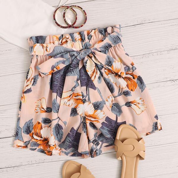 

Paperbag Waist Tropical Print Shorts, Multicolor