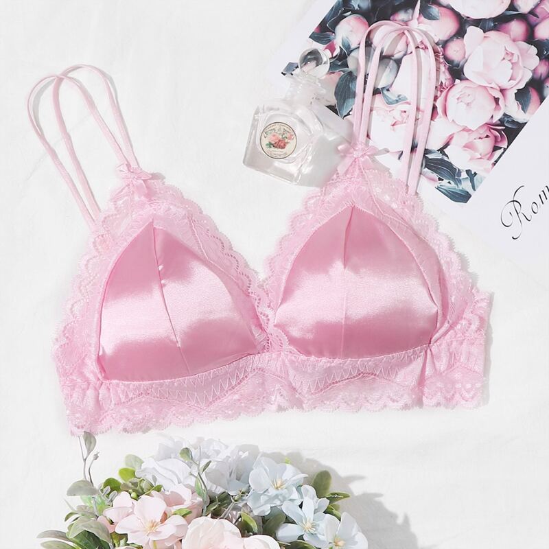 

Lace Trim Satin Triangle Bra, Pink