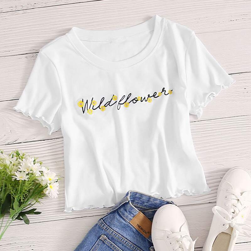 

Letter & Flower Embroidery Tee, White