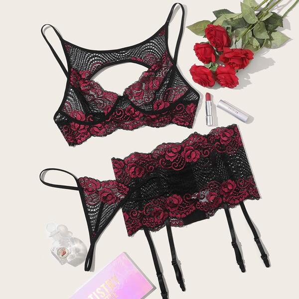 

Floral Lace Garter Lingerie Set, Multicolor