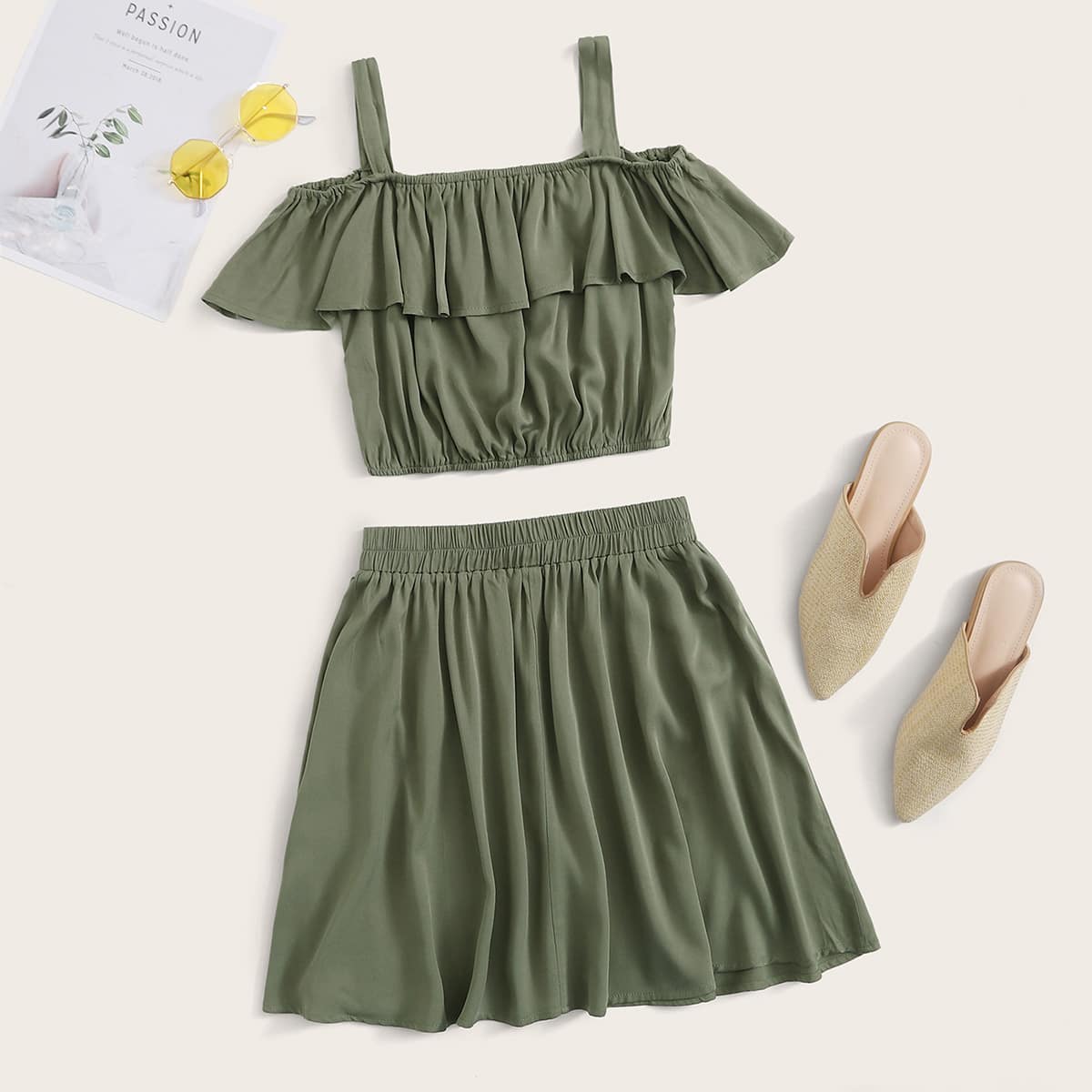 

Ruffle Crop Cami & Skirt, Army green