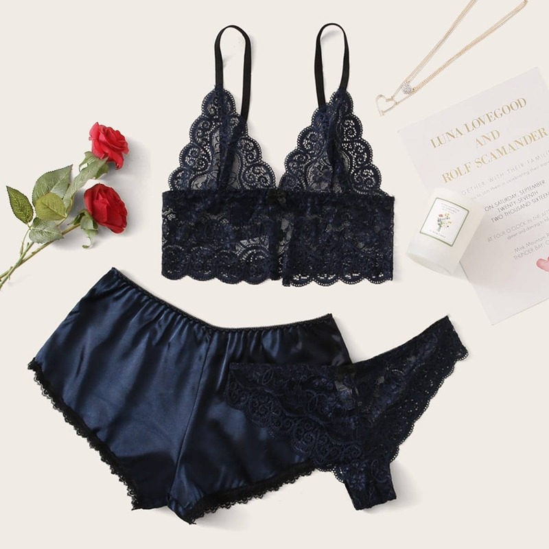 

Floral Lace Lingerie Set With Satin Shorts, Navy blue