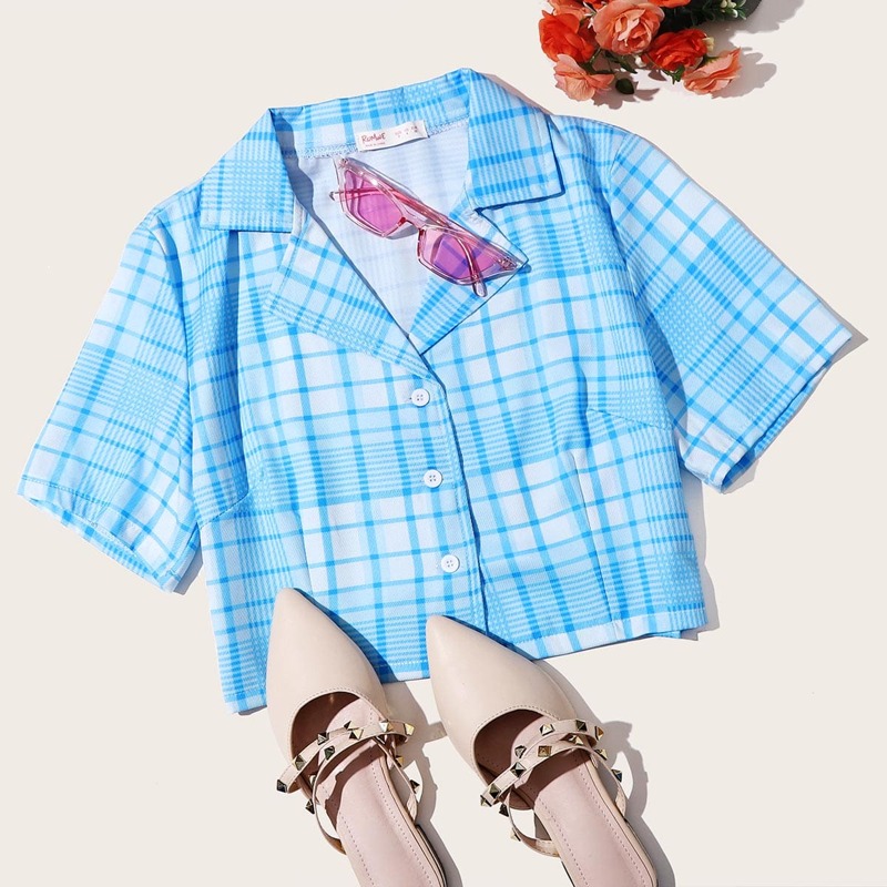 

Button Up Crop Plaid Shirt, Blue