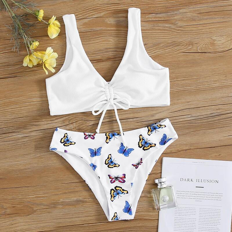 

Butterfly Ribbed Drawstring Bikini Swimsuit, Multicolor