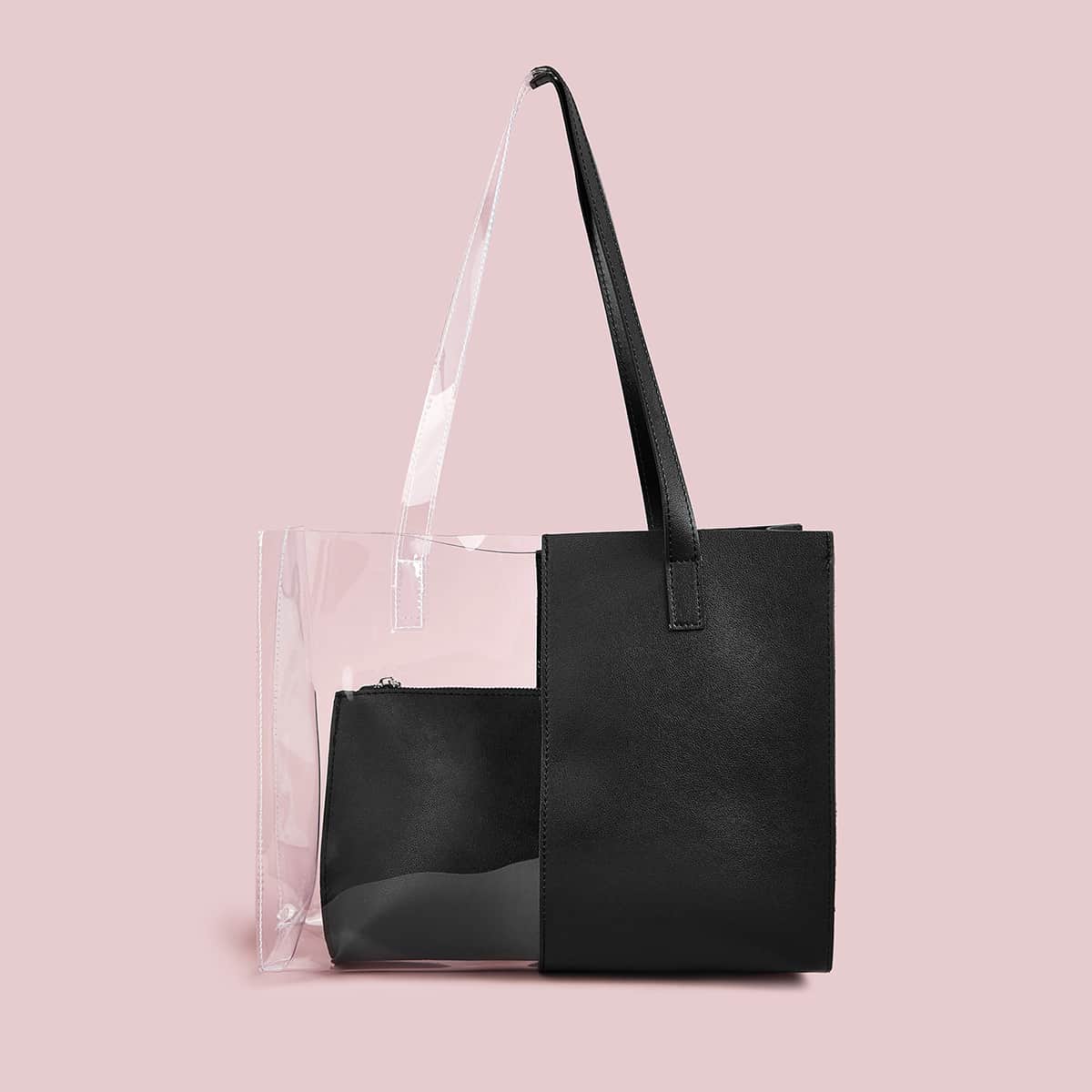 

PVC Panel Tote Bag With Inner Clutch, Black