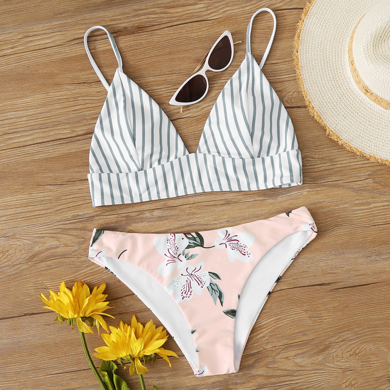 

Striped & Floral Triangle Bikini Swimsuit, Multicolor