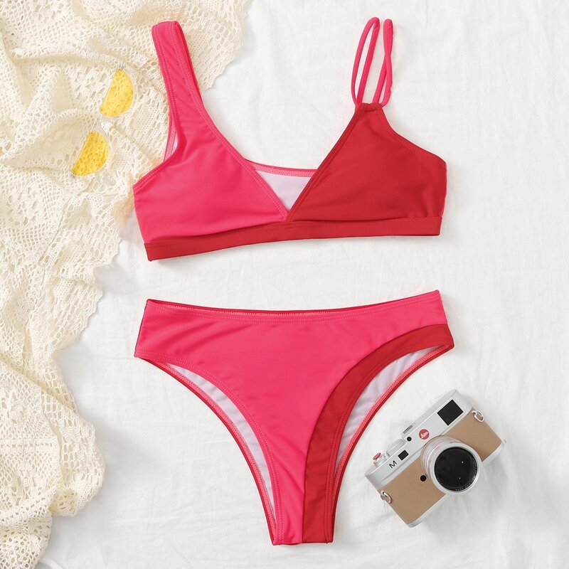 

Colorblock Asymmetrical Strap Bikini Swimsuit, Multicolor