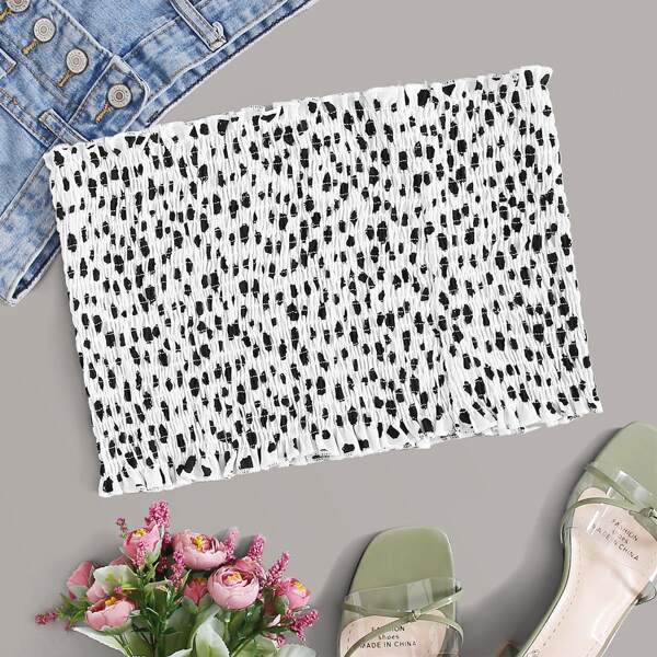 

Plus Dalmatian Print Shirred Frill Tube Top, Black and white
