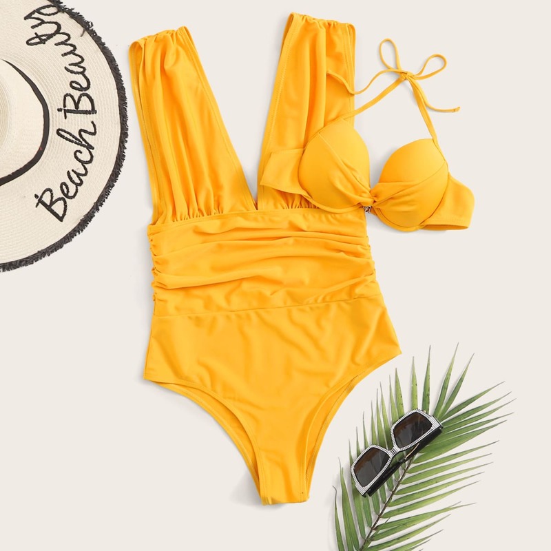 

Ruched Underwire Suspender Bikini Swimsuit, Yellow