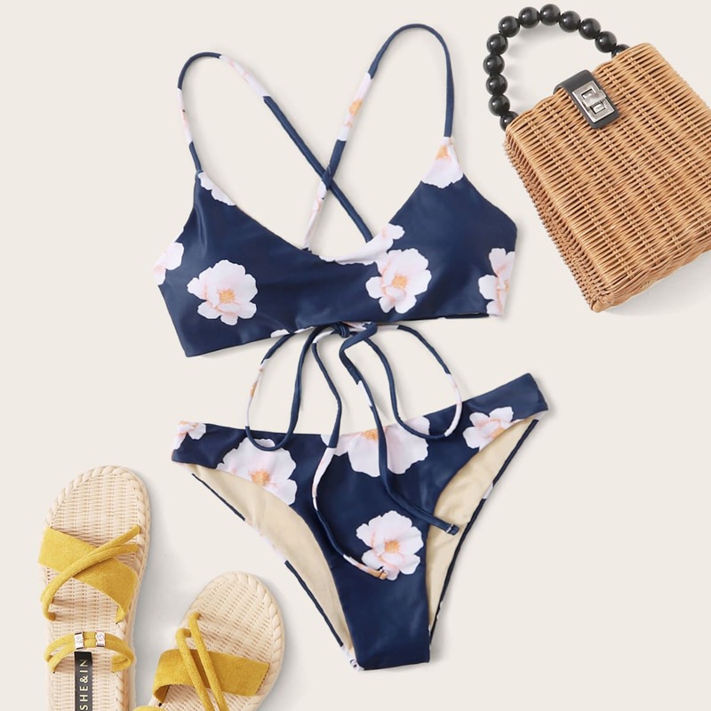 

Floral Crisscross Tie Back Bikini Swimsuit, Multicolor