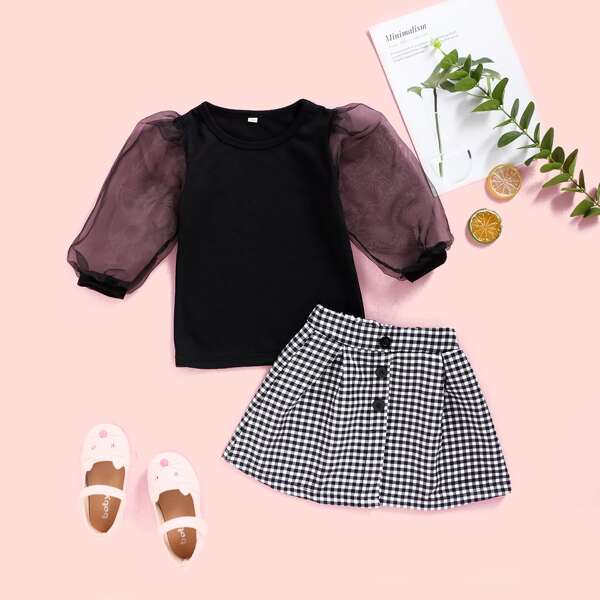 

Toddler Girls Organza Sleeve Top With Gingham Skirt, Black and white