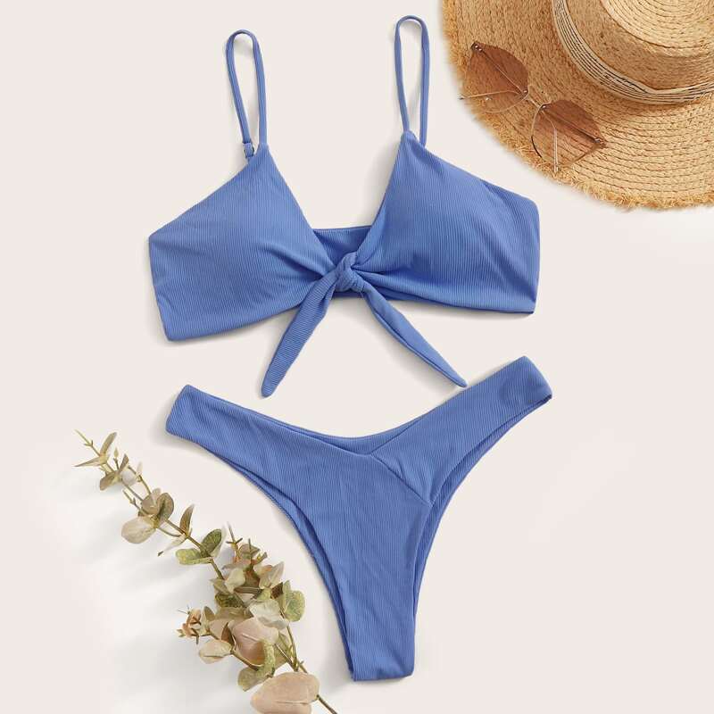 

Tie Front High Leg Bikini Swimsuit, Blue