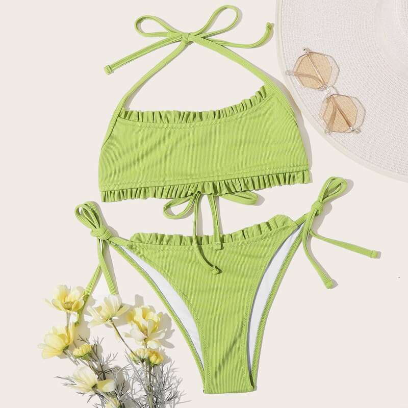

Rib Frill Halter Tie Side Bikini Swimsuit, Green