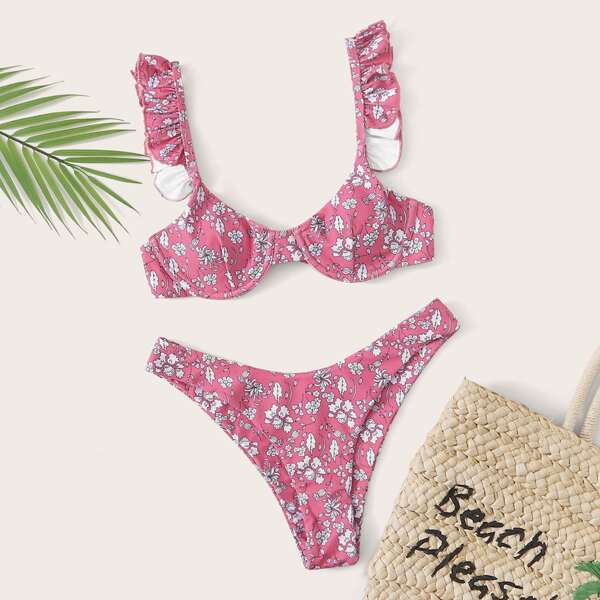 

Floral Ruffle Underwire High Leg Bikini Swimsuit, Pink
