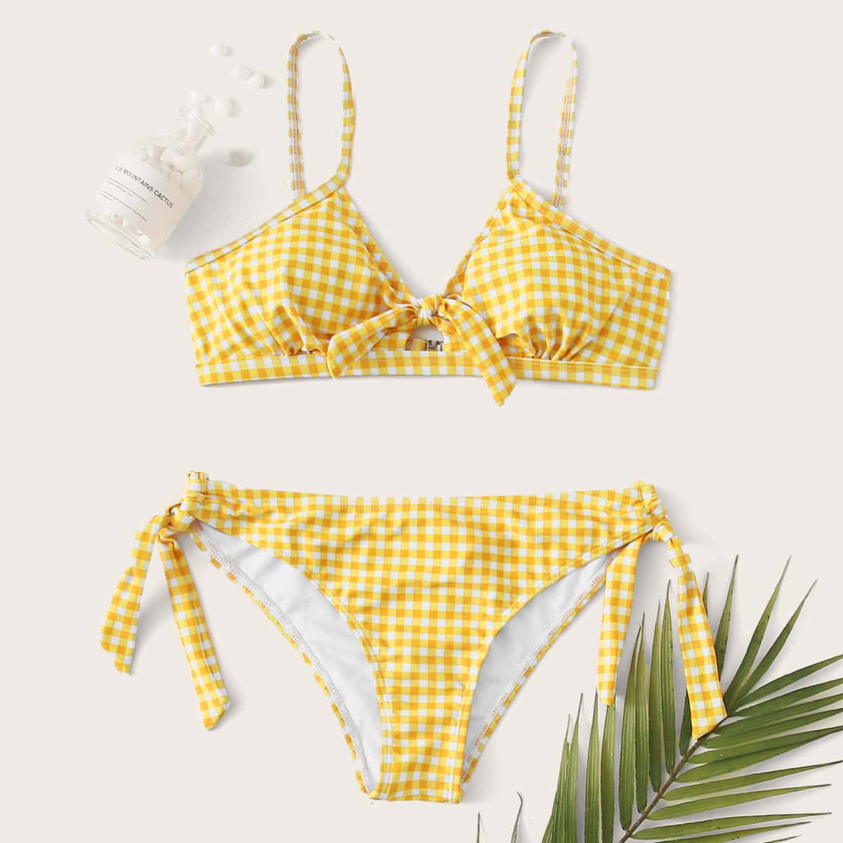 

Gingham Knot Front Tie Side Bikini Swimsuit, Yellow