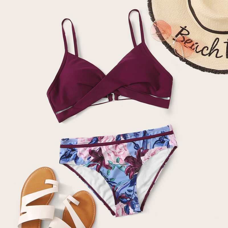 

Floral Wrap Cami Bikini Swimsuit, Multicolor