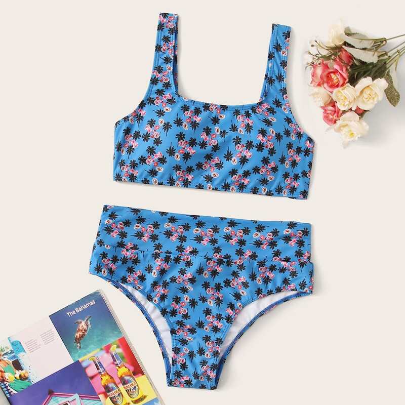 

Coconut Tree & Floral High Waist Bikini Swimsuit, Multicolor