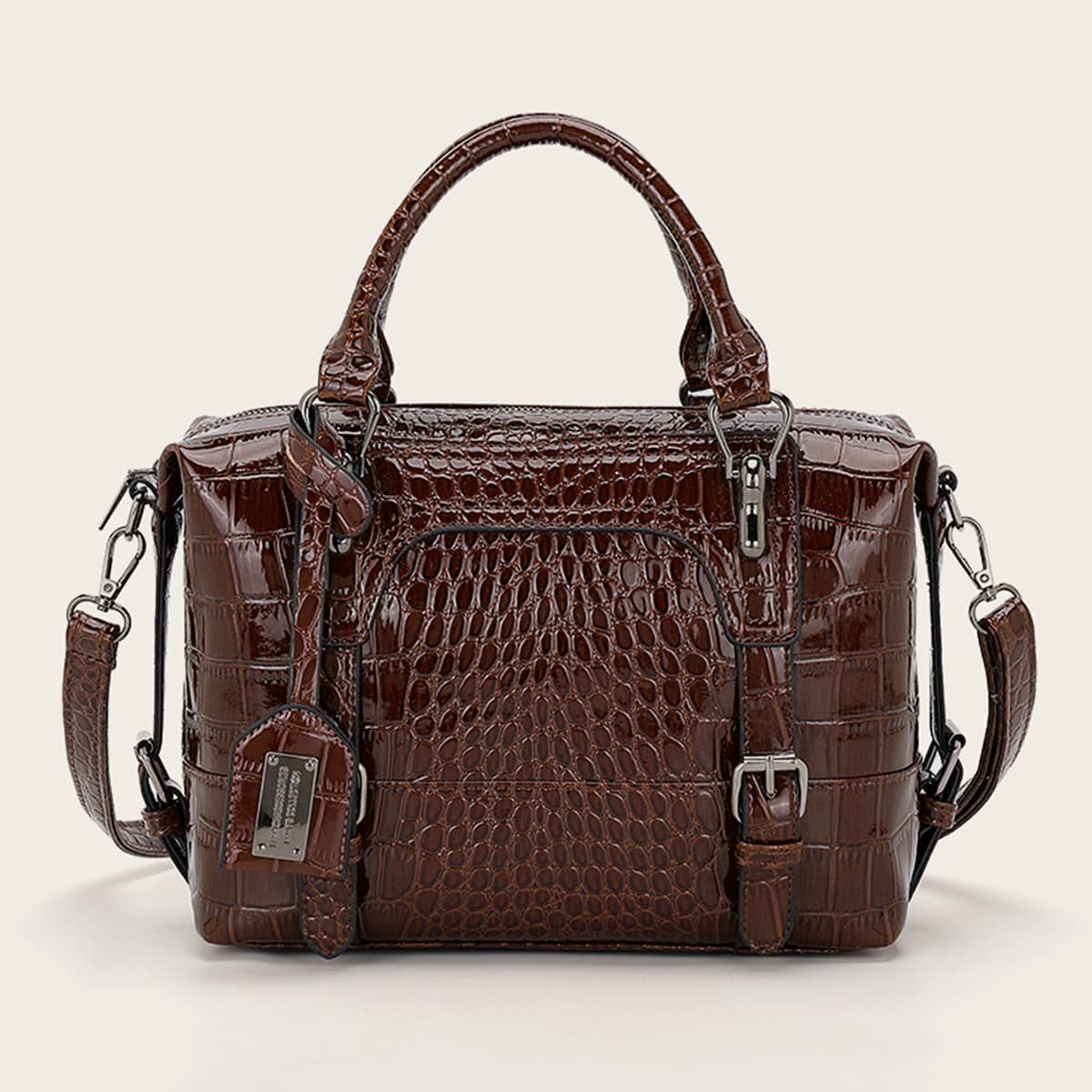 

Croc Embossed Satchel Bag, Brown