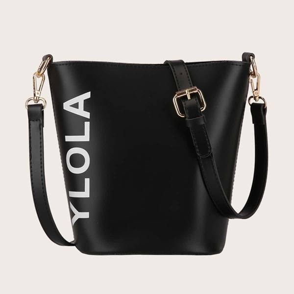 

Letter Graphic Bucket Crossbody Bag, Black