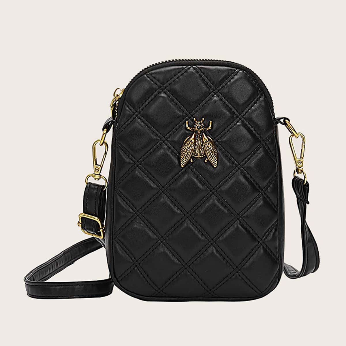 

Metal Bee Decor Quilted Crossbody Bag, Black