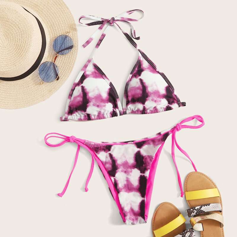 

Tie Dye Triangle Tie Side Bikini Swimsuit, Multicolor