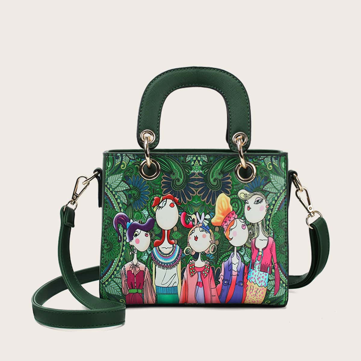 

Figure Graphic Satchel Bag, Green