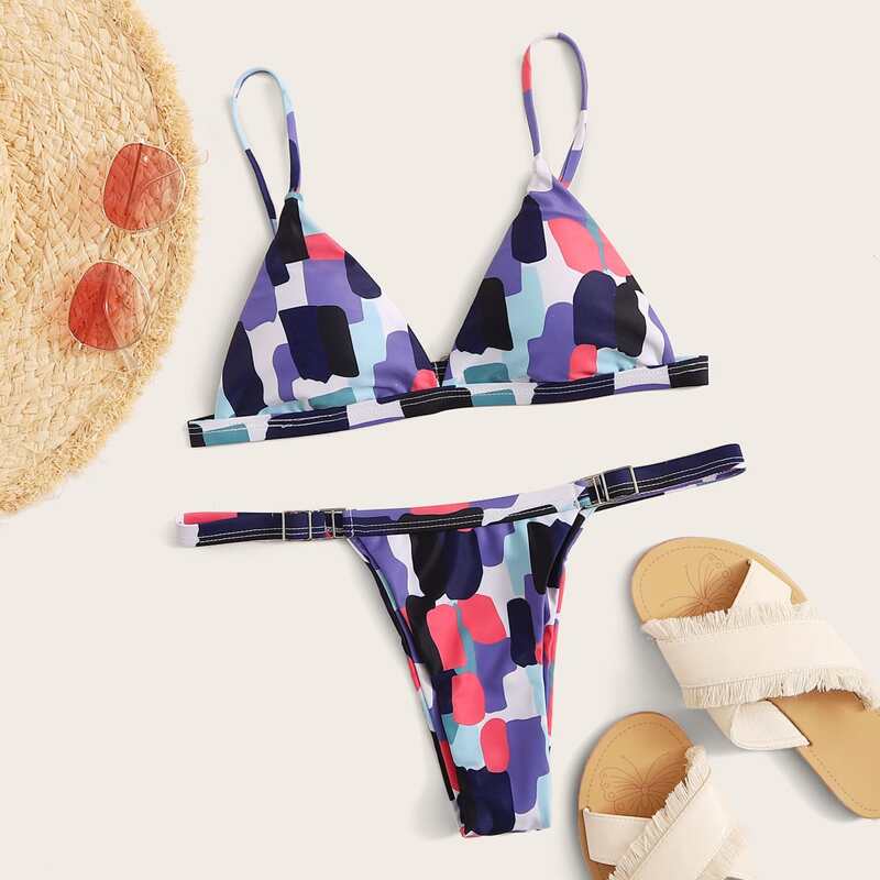 

Geometric Triangle Tanga Bikini Swimsuit, Multicolor