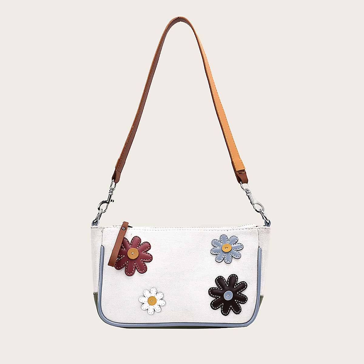 

Flower Detail Canvas Baguette Bag, White