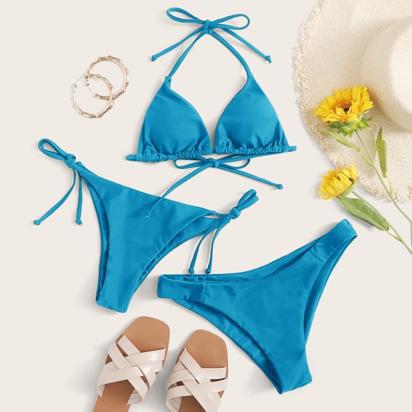 

3pack Halter Triangle Tie Side Bikini Swimsuit, Blue