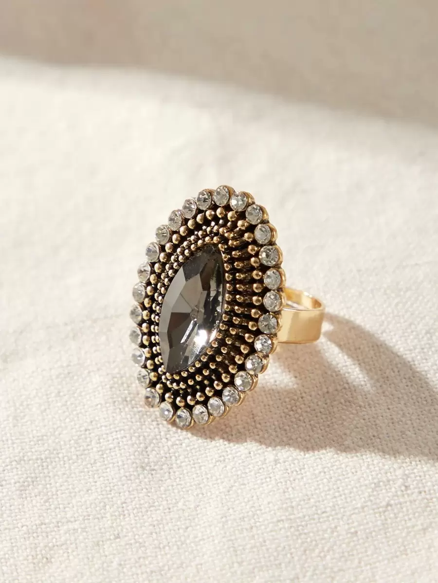 1pc Geometric Crystal Women's Single Ring, Exquisite Vintage Accessory - Black - View 1