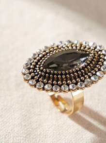 1pc Geometric Crystal Women's Single Ring, Exquisite Vintage Accessory - Black - View 3