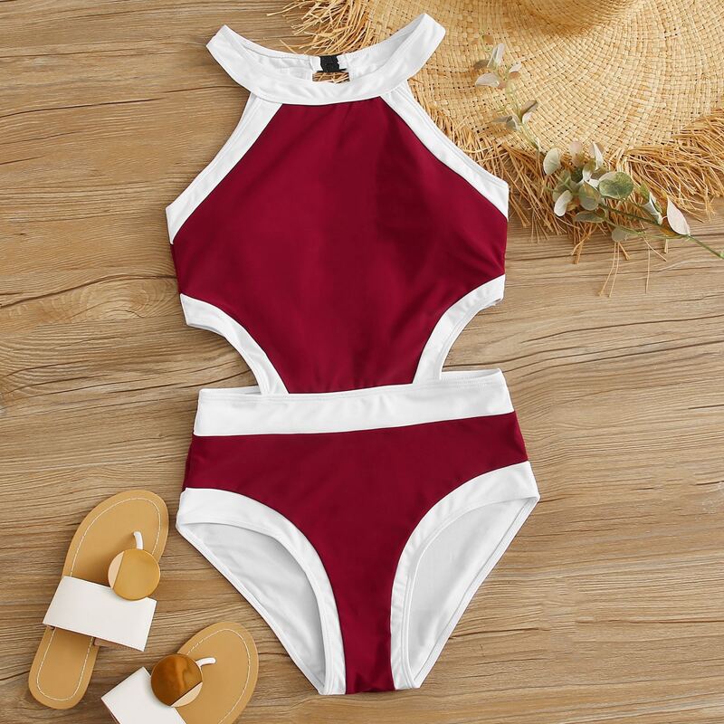 

Contrast Binding Cut-out Waist One Piece Swimsuit, Burgundy