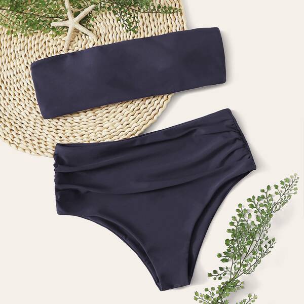 

Ruched High Waist Bandeau Bikini Swimsuit, Grey
