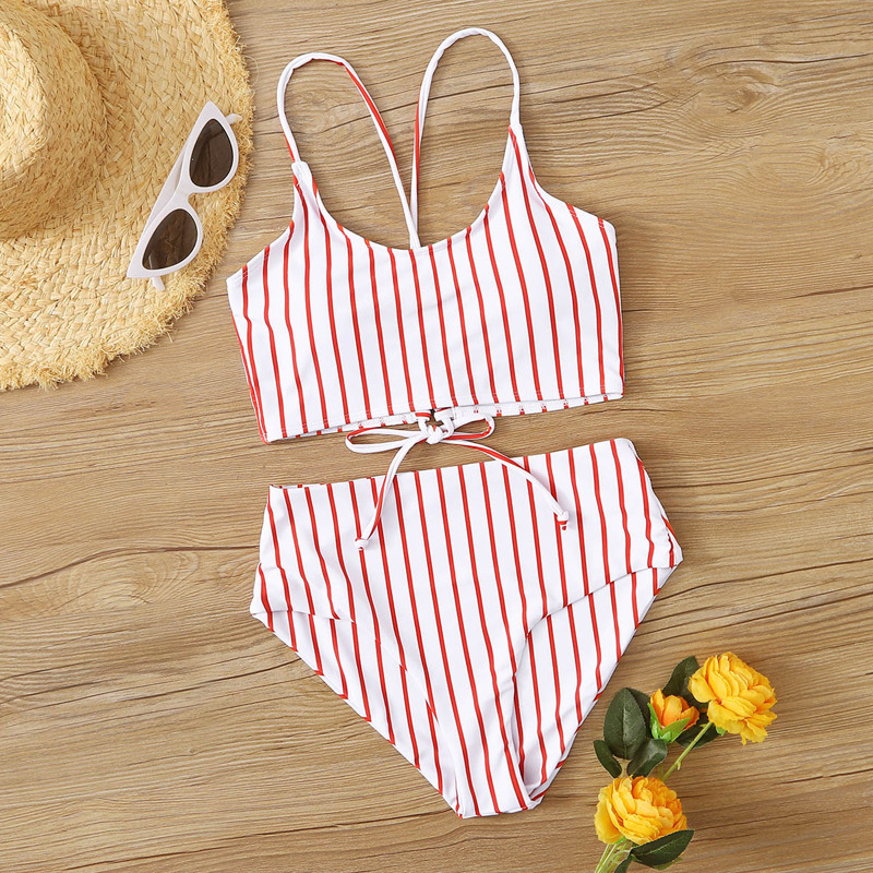 

Striped Tie Back High Waisted Bikini Swimsuit, Red