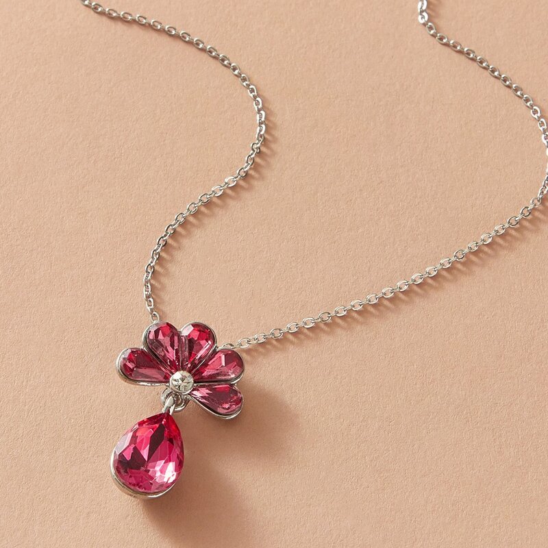 

1pc Gemstone Engraved Water Drop Necklace, Pink