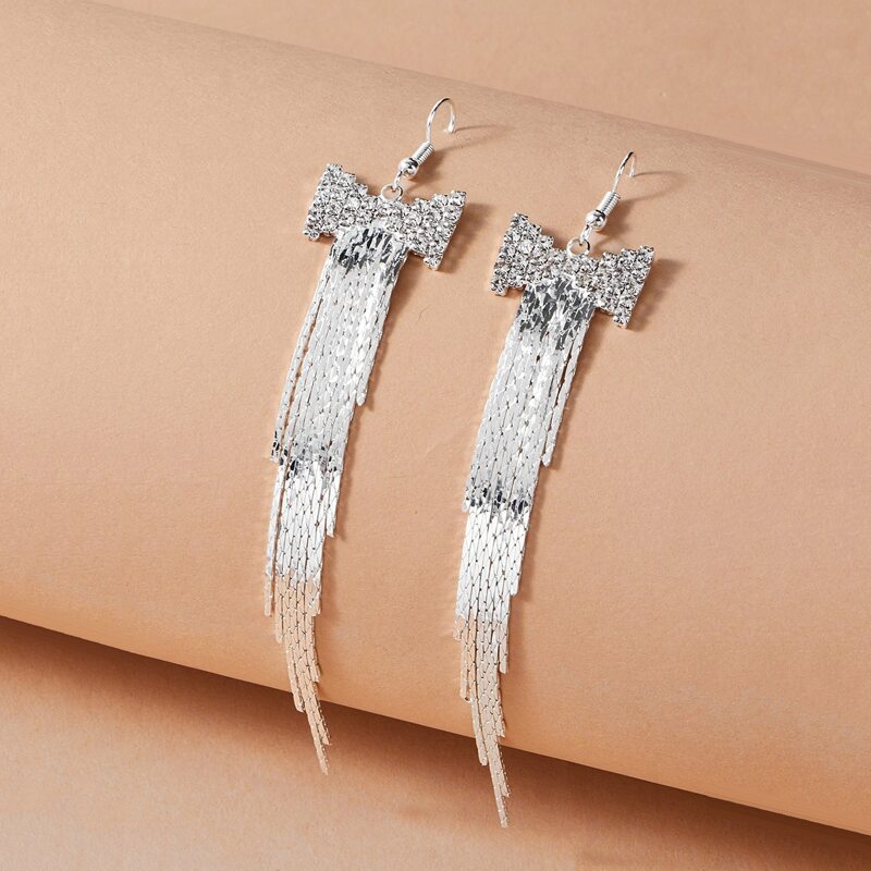 

1pair Rhinestone Engraved Bow Tassel Drop Earrings, Silver