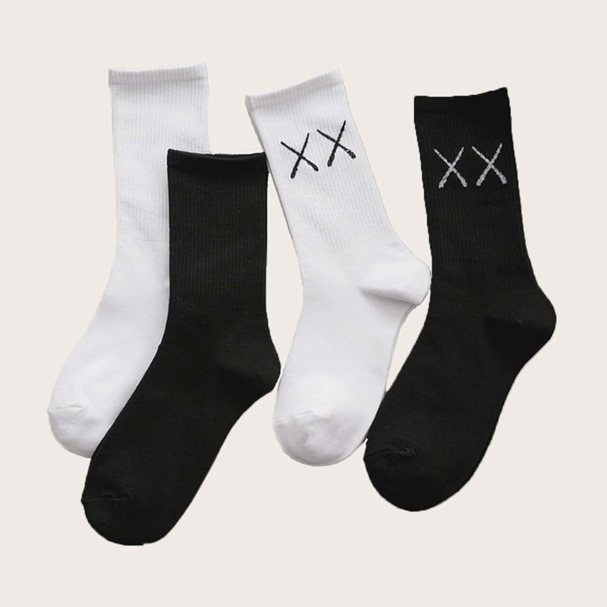 

4pairs Graphic Socks, Black and white