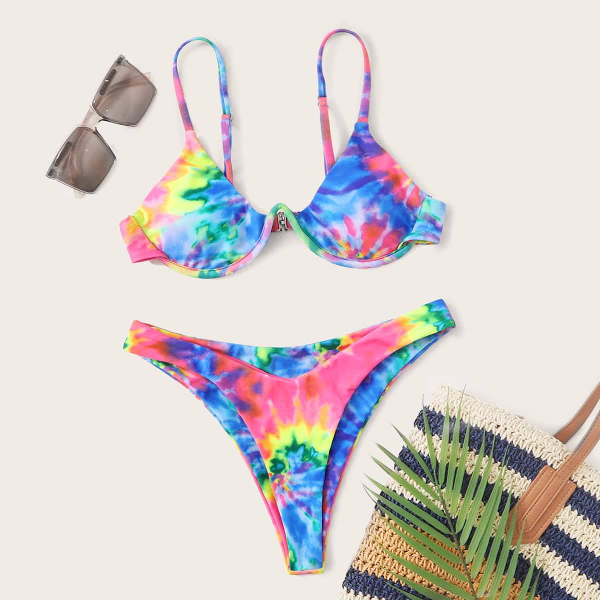 

Tie Dye Underwire High Leg Bikini Swimsuit, Multicolor