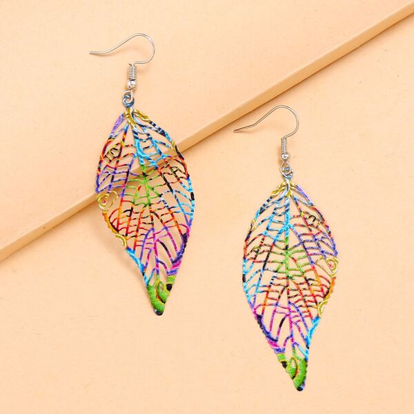 

1pair Colorful Hollow Out Leaf Charm Drop Earrings, Multicolor