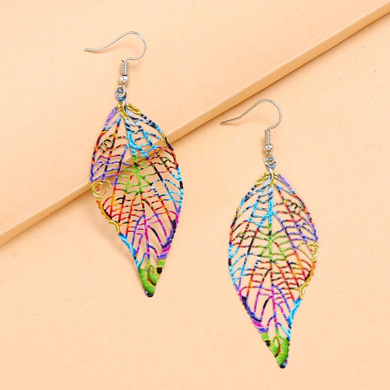 

1pair Colorful Hollow Out Leaf Charm Drop Earrings, Multicolor