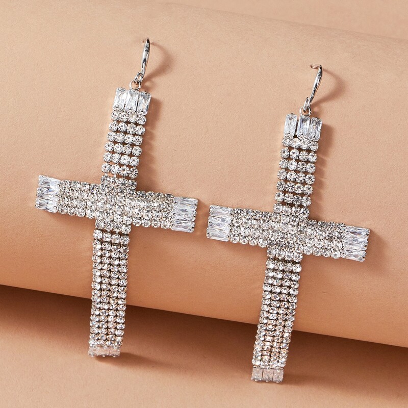 

1pair Rhinestone Engraved Cross Design Drop Earrings, Silver