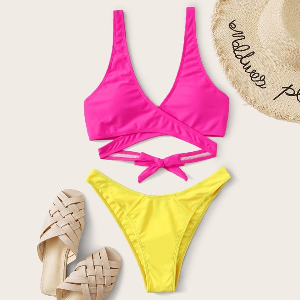 

Two Tone Wrap High Cut Bikini Swimsuit, Multicolor