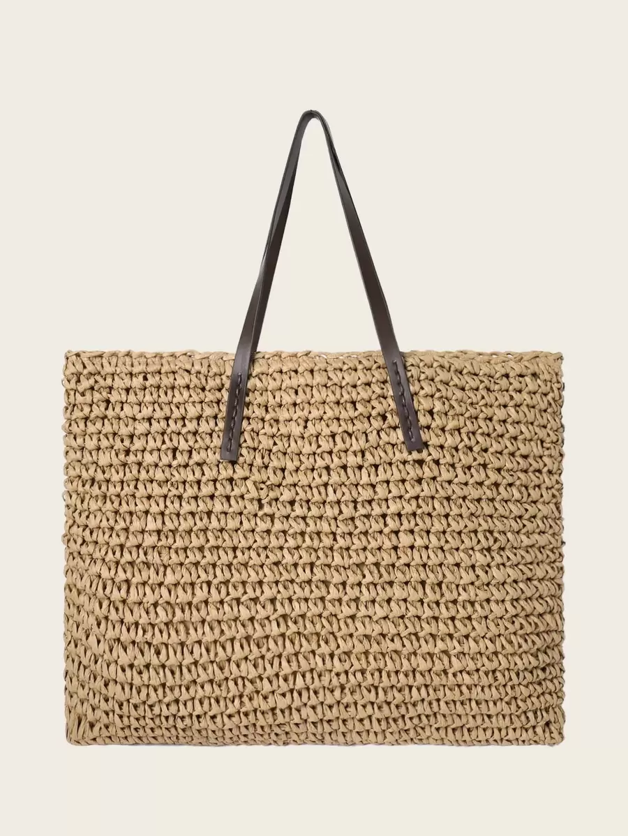 Woven Raffia Tote Bag,Perfect For Summer Beach Travel Vacation ,Large Capacity Beach Bag, Perfect For Summer Beach Travel Vacation - Khaki - View 1