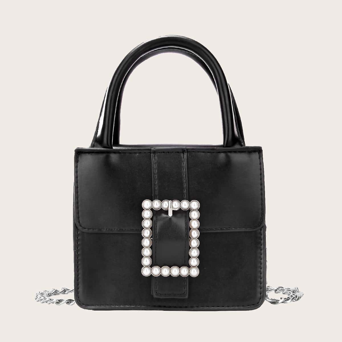

Faux Pearl Buckle Decor Satchel Bag, Black