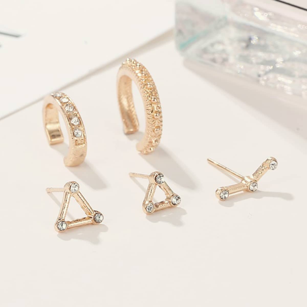 

5pcs Rhinestone Engraved Earrings Set, Gold