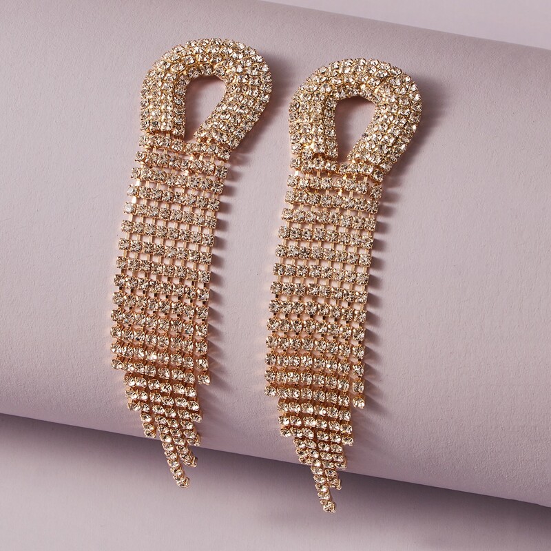 

1pair Rhinestone Engraved Tassel Drop Earrings, Gold
