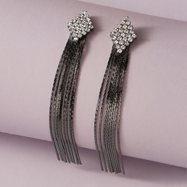 

1pair Rhinestone Decor Tassel Drop Earrings, Silver