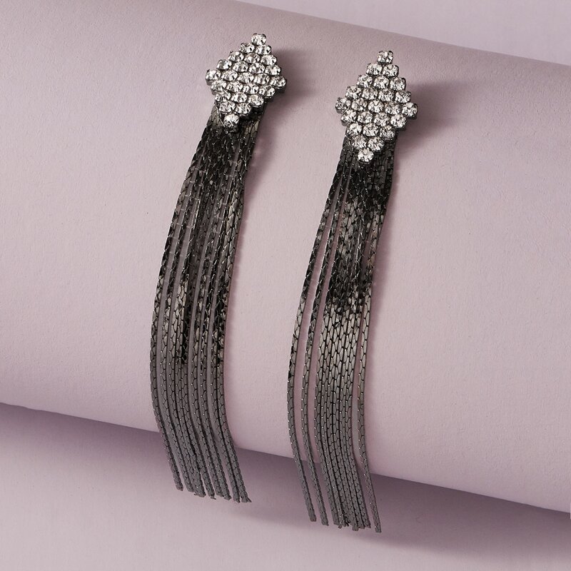 

1pair Rhinestone Engraved Tassel Drop Earrings, Silver