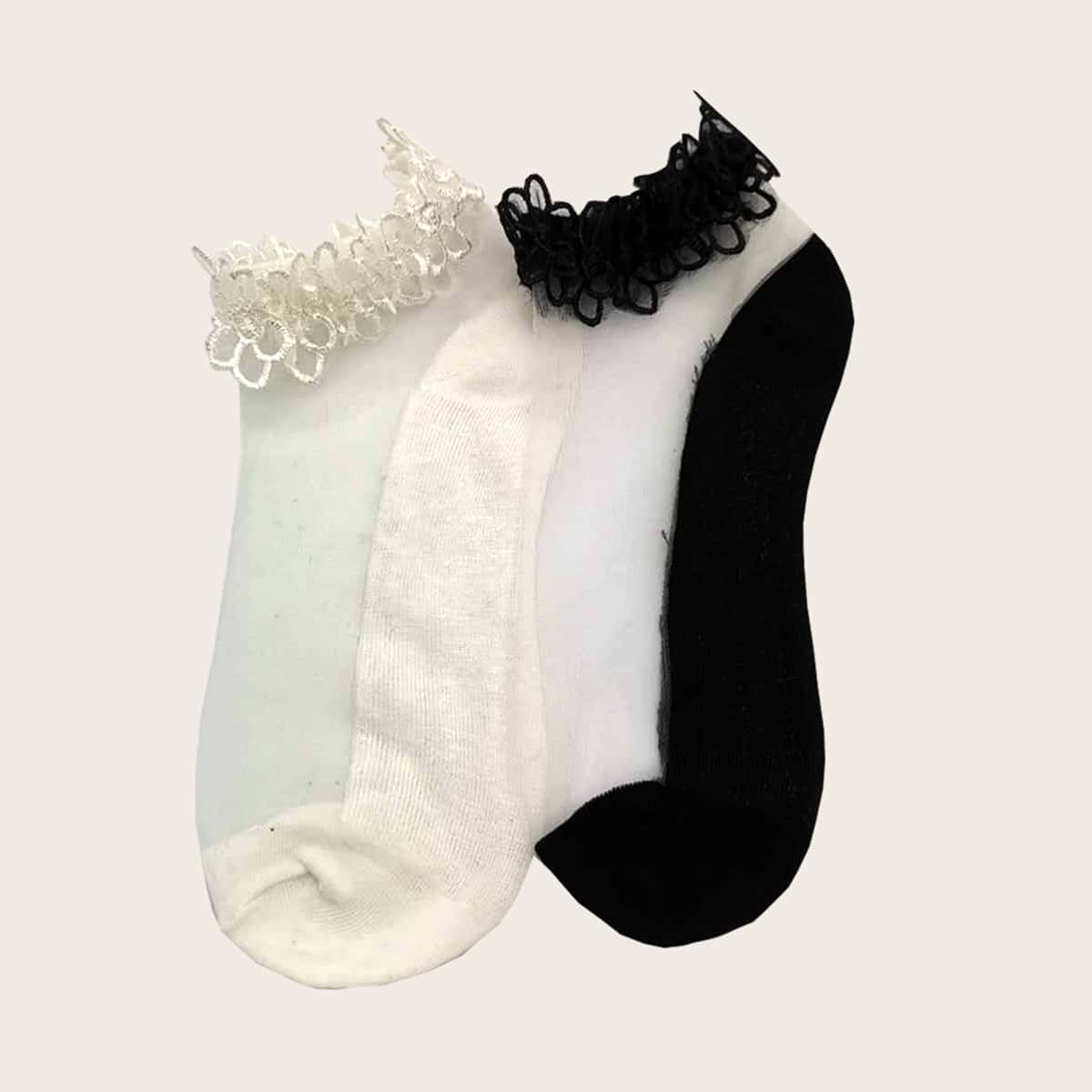 

2pairs Lace Trim Mesh Socks, Multicolor