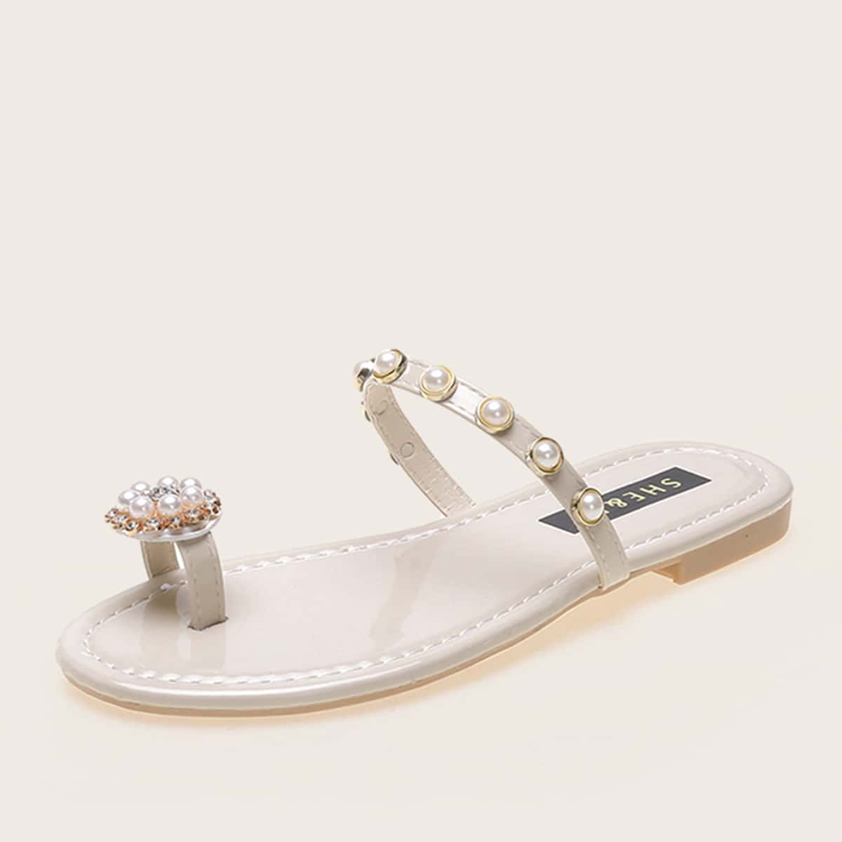 

Toe Ring Faux Pearl Decor Sliders, White